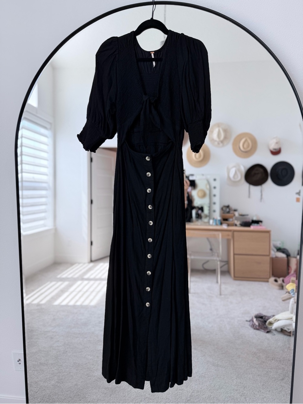 Free People Black Maxi Dress with Front Buttons and Waist Cutout
